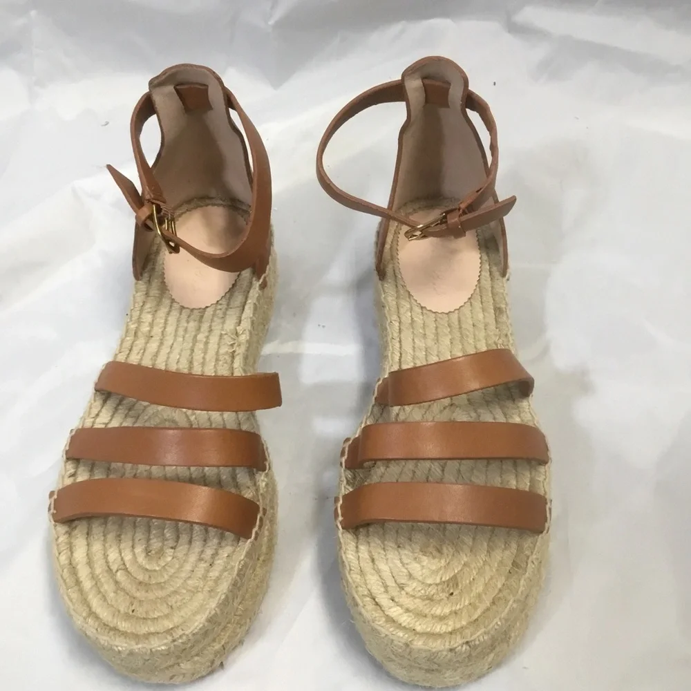 J. CREW 8.5 Brown Gladiator Espadrilles Leather Jute 1.5” Platform BH424
